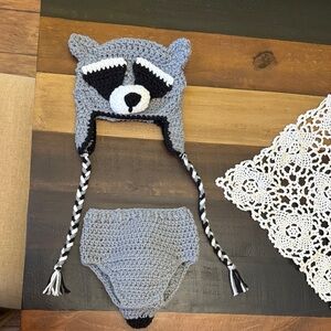 Gray Raccoon Crochet Baby Hat and Diaper Cover Set